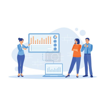 Illustration for Female operations manager having a meeting with colleagues in the office. Using a laptop to analyze growth, graphs, statistics and data. Growth Analysis Concept. Trend Modern vector flat illustration - Royalty Free Image