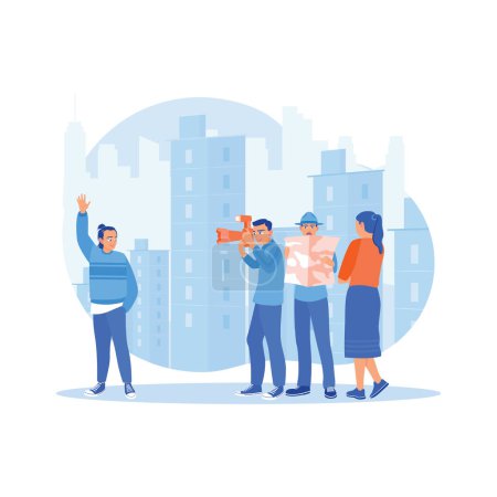 Illustration for A group of happy friends with maps and photo cameras exploring the city. They took photos with urban buildings in the background. Tourist Guide concept. trend modern vector flat illustration - Royalty Free Image