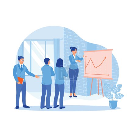 Illustration for Confident female manager making presentations to diverse office employees. Analyzing company business projects in the meeting room. Briefings concept. trend modern vector flat illustration - Royalty Free Image