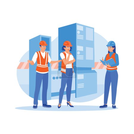 Illustration for Female chief engineer talking with colleagues. They work on heavy industrial manufacturing projects. Briefings concept. trend modern vector flat illustration - Royalty Free Image