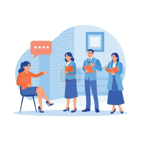Illustration for Company staff listen to and take notes from company leaders' briefings. Plan work and discuss collaborative projects during meetings. Briefings concept. trend modern vector flat illustration - Royalty Free Image