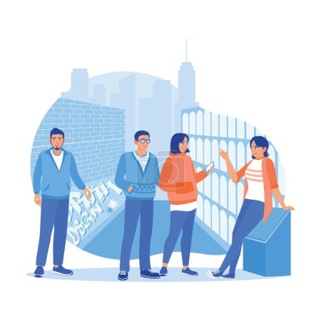 Illustration for Young tourists using smartphones are on the street. The tour guide explains about the culture and tourism there. Tourist Guide concept. trend modern vector flat illustration - Royalty Free Image