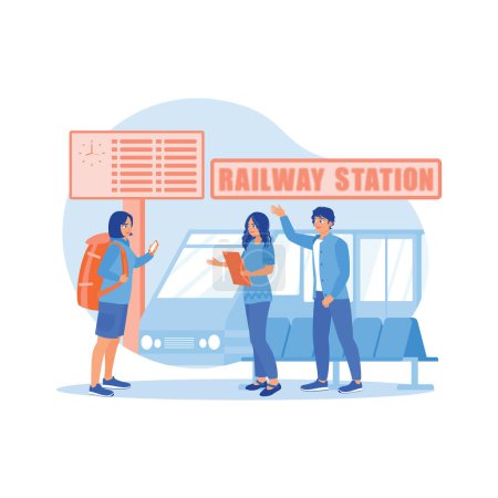 Illustration for Diverse friends using local map navigation together on the train station platform. Take a local tourist trip by train. Tourist Guide concept. trend modern vector flat illustration - Royalty Free Image