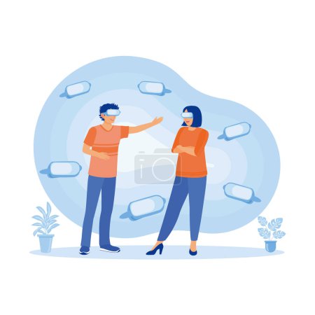Illustration for Happy young couple using virtual glasses. Virtual Relationships concept. Trend Modern vector flat illustration - Royalty Free Image