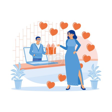 Illustration for A young couple in love goes on a virtual date. The man with glasses shows the gift he will give to his partner. virtual Relationships concept. Trend Modern vector flat illustration - Royalty Free Image