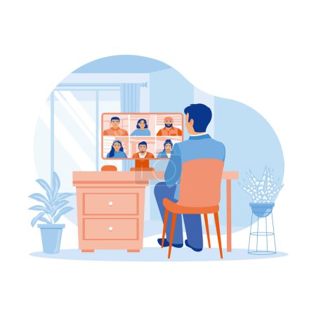 Illustration for Online meeting of entrepreneurs with business partners. They discuss and exchange ideas with each other during online meetings at home. virtual Relationships concept. Trend Modern vector flat illustration - Royalty Free Image