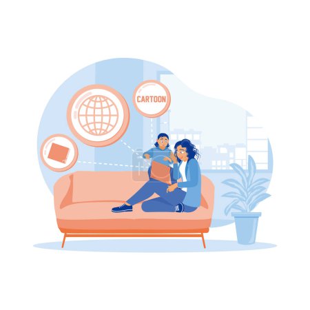 Illustration for Mother and daughter sitting on the sofa in the living room. They spent time together watching movies using a laptop. Virtual Relationship concept. Trend Modern vector flat illustration - Royalty Free Image