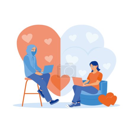 Illustration for A young woman sitting on a sofa inside the house. Online dating with a fake boyfriend. Internet fraud concept. Online Dating concept. Trend Modern vector flat illustration - Royalty Free Image