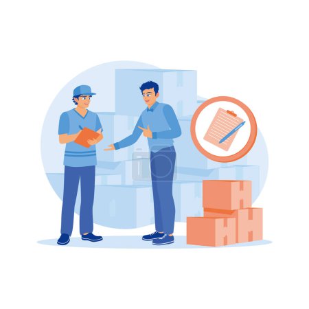 Illustration for A man works in a warehouse factory. The warehouse manager signs the bill of lading after receiving the goods for delivery. order Confirmation concept. Trend Modern vector flat illustration - Royalty Free Image