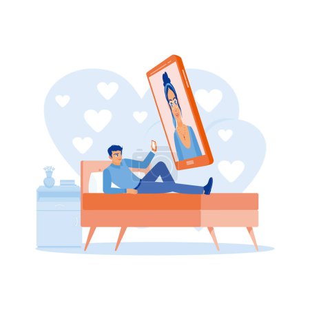 Illustration for Man lying in bed using a mobile phone to visit online sites. Man talking to a female friend who is on mobile phone screen. Online Dating concept. Trend Modern vector flat illustration - Royalty Free Image