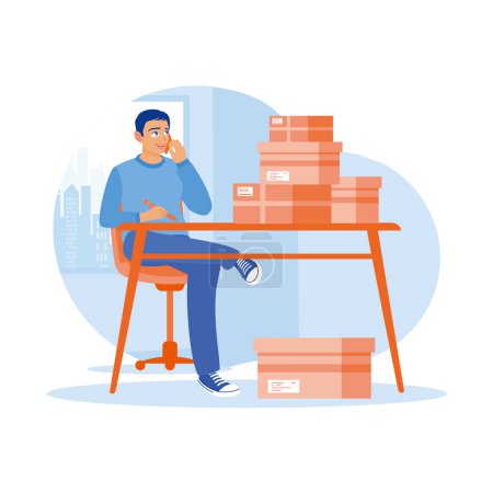 Illustration for The owner of a goods delivery service business receives a call from a customer. Businessman writing and confirming orders by phone. Order Confirmation concept. Trend Modern vector flat illustration - Royalty Free Image