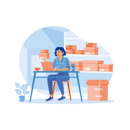 Illustration for Female SME entrepreneur working on a laptop from home. Young woman reviews products via video streaming on social media. order Confirmation concept. Trend Modern vector flat illustration - Royalty Free Image