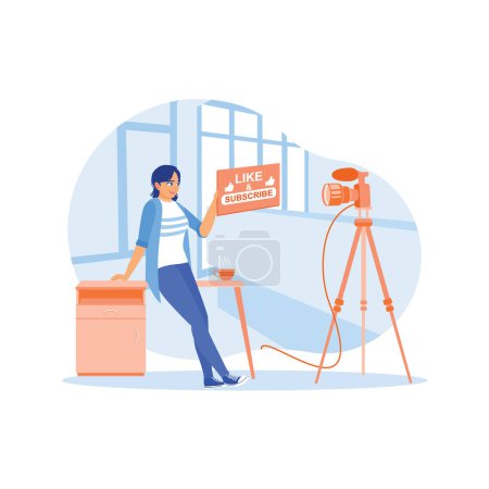 Illustration for Beautiful female vlogger recording video using professional camera equipment at home. Female vlogger asks online audience to like and subscribe to her channel. Content Creator concept. Trend Modern vector flat illustration - Royalty Free Image