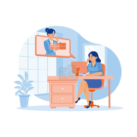 Illustration for Young women shopping online via laptop computer. Receive phone calls from small business owners before delivering orders. order Confirmation concept. Trend Modern vector flat illustration - Royalty Free Image