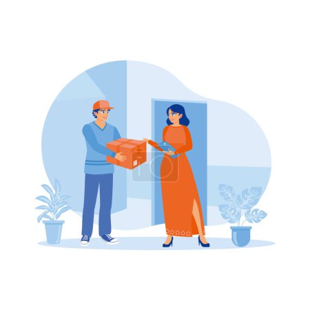 Illustration for The courier delivers the order box to the customer's address. A woman receives an order box from a delivery person at home. order Confirmation concept. Trend Modern vector flat illustration - Royalty Free Image