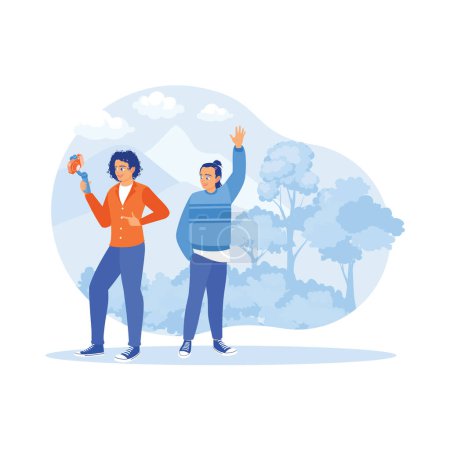 Illustration for Two Vloggers on holiday in a mountainous area. They look at the camera and make videos while on vacation. Content Creator concept. Trend Modern vector flat illustration - Royalty Free Image