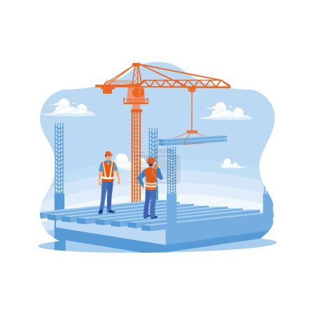 Téléchargez les illustrations : The construction team is on the building site. The architect engineer is talking on a two way radio. Crane machine lifting structural steel beams at the construction site. Architect and engineer construction concept. Trend Modern vector flat illustra - en licence libre de droit