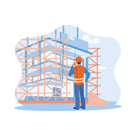 Illustration for Architect engineer working on construction site. Architects wear safety helmets and communicate using handy talkies. Architect and engineer construction concept. Trend Modern vector flat illustration - Royalty Free Image