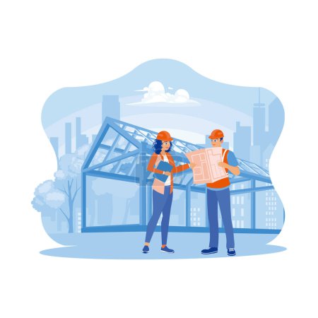 Illustration for The construction team and engineering manager are at the construction site. They are checking the project. Experts inspect commercial building construction site concepts. Trend Modern vector flat illustration - Royalty Free Image