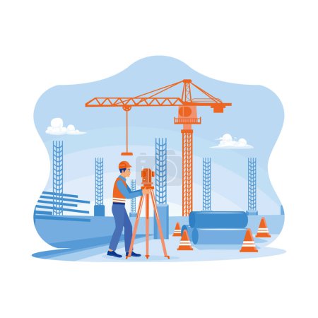 Illustration for Engineer builder surveyor with theodolite transit equipment at the construction site outdoors. The building engineer is on the roof floor. Architect and engineer construction concept. Trend Modern vector flat illustration - Royalty Free Image