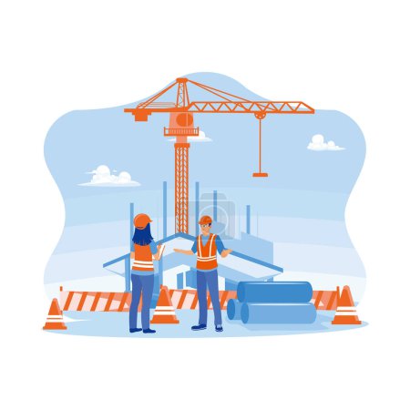 Illustration for Construction engineer talking with the manager at a construction site. Check work processes, building quality, work plans, and home and industrial building design projects. Architect and engineer construction concept. Trend Modern vector flat illustr - Royalty Free Image