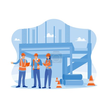 Illustration for Young architects and engineers in vests and safety helmets on a building site. Discuss the draft development plan using a laptop and notebook. Building construction sites concept. trend flat vector modern illustration - Royalty Free Image