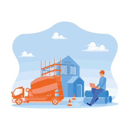 Illustration for Architect using laptop at building construction site. Sit on the big pipe near the cement mixer car. Creating construction sites concept. Trend Modern vector flat illustration - Royalty Free Image
