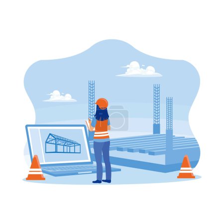 Ilustración de Female civil engineer standing in front of a laptop at construction site. Inspect real estate development projects for commercial and industrial buildings. Experts inspect retail building construction site concepts. trend flat vector modern illustrat - Imagen libre de derechos