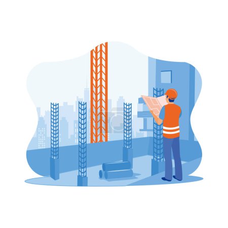 Illustration for Civil architect engineer with construction plans standing on the building site. Inspect and work on building construction sites. Construction site engineer concept. Trend Modern vector flat illustration - Royalty Free Image