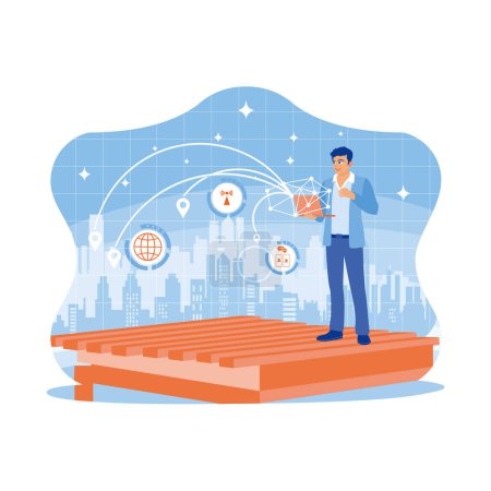 Illustration for Man standing on a board against a blurry cityscape. Using a laptop with a connected telecommunications network in a smart city. Telecommunication and Internet in smart city concept. Trend Modern vector flat illustration - Royalty Free Image
