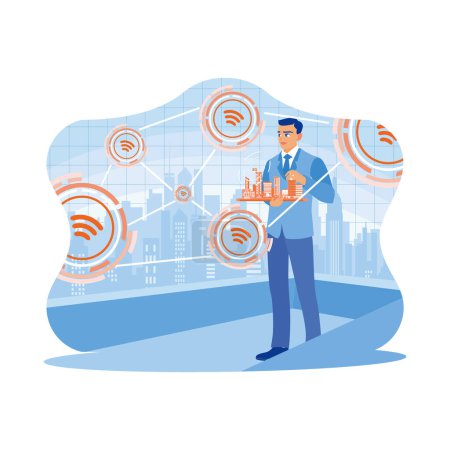 Illustration for A businessman is standing holding a miniature city. Using modern creative networks and connected internet networks in smart cities. Telecommunication and Internet in smart city concept. Trend Modern vector flat illustration - Royalty Free Image