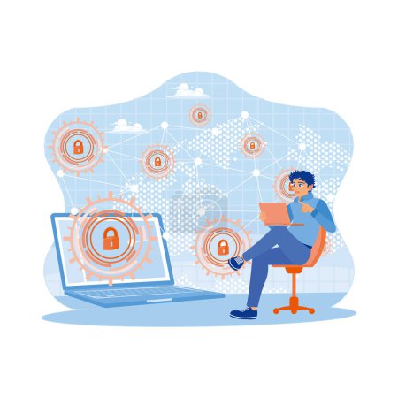 Illustration for Business people use a laptop to access business data security. Data security icon on the laptop screen. Modern creative telecommunication concept. Trend Modern vector flat illustration - Royalty Free Image