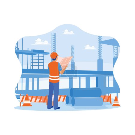 Illustration for Civil engineer standing on a construction site holding a blueprint in his hand. Examining building designs and new building business workflows. Building construction sites concept. Trend Modern vector flat illustration - Royalty Free Image