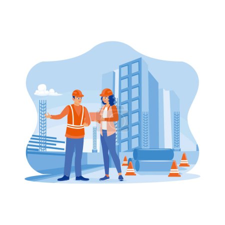 Téléchargez les illustrations : Construction engineers and architects are discussing at the construction site. Civil architect engineer inspecting and working on outdoor structure building site. Building construction sites concept. trend flat vector modern illustration - en licence libre de droit