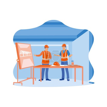 Illustration for Two civil engineers work together to design a building. Discuss work plans and development processes. Construction site engineer concept. Trend Modern vector flat illustration - Royalty Free Image