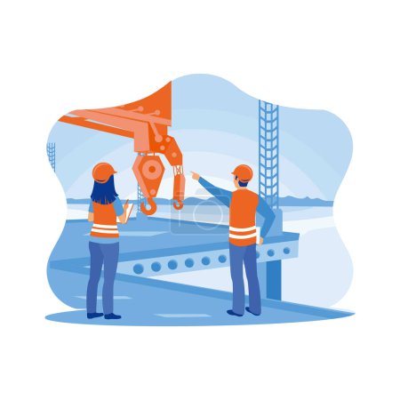 Illustration for The construction team discusses quality, work plans, and home and industrial building design projects. Standing close to a crane at a construction site. Building construction sites concept. Trend Modern vector flat illustration - Royalty Free Image