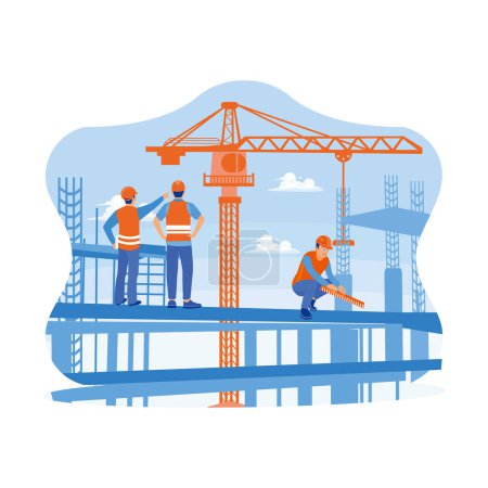Téléchargez les illustrations : Construction team working on a building site. Construction engineer overseeing the progress of a construction project standing on a new concrete floor roof. Building construction sites concept. trend flat vector modern illustration - en licence libre de droit