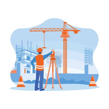 Téléchargez les illustrations : Survey engineer working using a theodolite at a construction site. Surveying to create a contour plan is a graphic representation of the lay of the land. Building construction sites concept. trend flat vector modern illustration - en licence libre de droit