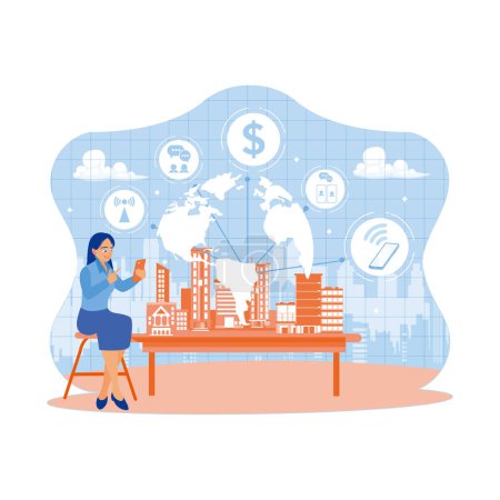 Illustration for Woman sitting next to a miniature smart city. Using a smartphone with modern creative telecommunications and internet networks. Telecommunication and Internet in smart city concept. Trend Modern vector flat illustration - Royalty Free Image