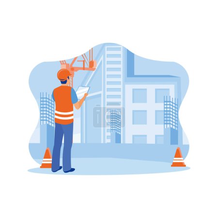 Illustration for Engineers with safety helmets and notebooks are on a construction site. Engineers are on the roof of the floor with an industrial factory in the background. Construction site engineer concept. Trend Modern vector flat illustration - Royalty Free Image