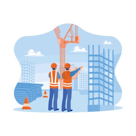 Illustration for Civil architect engineer holding blueprint standing at the construction site. Inspect and work on building places of outdoor structures. Construction site engineer concept. Trend Modern vector flat illustration - Royalty Free Image