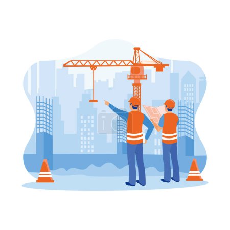 Illustration for Civil engineer standing on a construction site near a crane. Holding construction plans and inspecting work at the construction site. Construction site engineer concept. Trend Modern vector flat illustration - Royalty Free Image