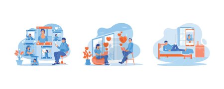Illustration for Online Dating concept. Visit online dating sites. Couples send love messages to each other. Man looking at a photo of girl. Set Flat vector illustration. - Royalty Free Image