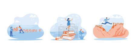 Illustration for Self-improvement concept. I am turning the impossible into possible and standing on a pile of books. Jump from the past to the future. set flat vector modern illustration - Royalty Free Image