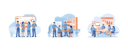 Illustration for Businessmen and coworkers having meetings in the office. Discuss charts, diagrams and statistical data on office finances. Communicate with each other, discuss and exchange ideas during meetings. Teamwork meeting concept. set flat vector modern illus - Royalty Free Image