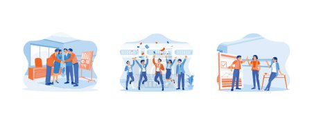 Illustration for Celebrating concept. Business team standing and laying hands on each other. Marketing team celebrates business win. Happy young businessman standing near whiteboard. set flat vector modern illustration - Royalty Free Image