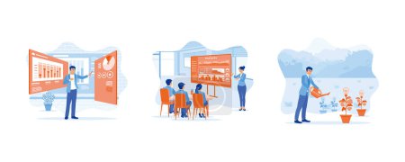 Illustration for Growth Analysis concept. The projector screen displays graphs, data, and statistics. The female chief analyst leads the meeting. Concept of career growth towards success. set flat vector modern illustration - Royalty Free Image