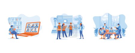 Illustration for Briefing concept. Young businessman holding an online meeting. Briefing at a heavy industrial manufacturing plant. Five diverse company staff gathered. set flat vector modern illustration - Royalty Free Image