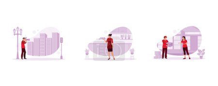 Illustration for Various occupations people concept. Young photographer creates beautiful pictures. Female restaurant waitress wearing an apron. The young man works as an expedition courier. set flat vector modern illustration - Royalty Free Image