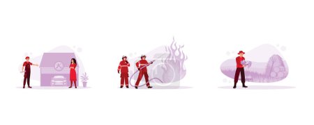 Illustration for Various occupations people concept. A mechanic performs a check. Firefighters in full uniform. Young farmer wearing hat and boots. set flat vector modern illustration - Royalty Free Image
